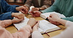 Worship, bible study and support with holding hands of people and books for religion, gratitude and prayer. Hope, knowledge and spiritual growth with group for guidance, community and faith.