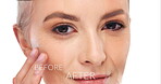 Woman, face and aging versus in studio with skincare for before and after, wrinkles process and facial treatment. Female person and compare for passage of time, dermatology care and white background
