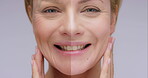 Face, mature woman and aging with versus in studio for skincare, transformation and beauty of before after. Smile, female person and wrinkles with cosmetics for change, process and purple background