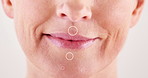 Aging, beauty and mouth of mature person in studio for change, dermatology or transformation. Lips, skincare and special effects with wrinkles on face of person for cosmetics or dermatology treatment