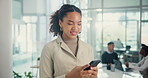 Phone, networking and black woman in office with email  for good review on creative blog post. Happy, cellphone and African female copywriter on mobile app for spell check with online story.