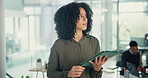 Thinking, tablet and business woman research, planning or problem solving in startup. Technology, vision and project manager on internet for feedback, insight or scroll email for creative development
