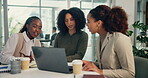 Collaboration, meeting and laptop with business women in boardroom of office together for planning. Computer, conversation and productivity with employee group in professional workplace for strategy