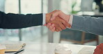 Handshake, business and people with deal in office for partnership success, agreement and b2b opportunity. Staff, welcome and recruitment with introduction, promotion and project negotiation of offer