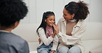 Doctor, mother and girl on consultation with high five for good news, results and report on diagnosis. Women, people and smile as patient with pediatrician at clinic for child development and growth