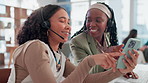 App, phone and smile with friends in call center together for customer service or support. Happy, headset and social media with happy women in telemarketing agency office for communication or help