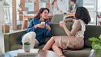 Business, people and relax with coffee in office for break, discussion and meeting of networking growth. Smile, women and lunch break with career communication, project planning and company gossip