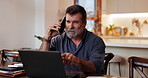 Phone call, laptop and mature man in house for financial planning, retirement savings and online consultant. Tax review, budget and pension funding with person in home for future investment and email