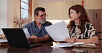 Documents, laptop and debt with mature couple for financial planning, retirement savings and stress. Tax review, budget and pension funding with people in home for future investment and final notice