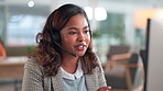 Business, black woman and discussion with headset by computer for budget, support and planning. Office, consultation and financial advisor with virtual meeting for investment, advice and debt review