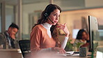 Business, woman and conversation with headset by computer for budget, planning and risk assessment. Office, communication and financial advisor with virtual meeting for investment, advice and support