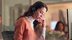 Office, woman and conversation with headset by computer for budget, planning and risk assessment. Business, financial advisor and communication with virtual meeting for investment, support and advice