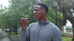 Voice note, phone and black man in park for fitness, exercise and training for health, wellness and workout. Sports, communication and person on smartphone for talking, recording message and speaking