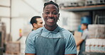 Smile, industry and distillery with face of man for distribution, manufacturing and alcohol production. Fermentation technician, quality control and brewery with person in warehouse for storage