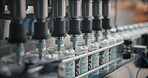 Manufacturing, bottles and machine on conveyor belt in distillery for alcohol production and liquor filling process. Vodka factory, gin beverage and assembly line with getting ready for distribution