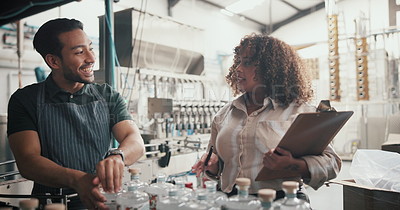 Inspection, factory and distillery with people and bottle for ...