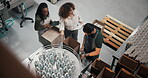 People, bottles and box in factory for logistics, export and distribution in gin distillery. Above, women and checklist in brewery with man, packaging and quality assurance with inventory inspection