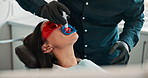 Dentist, teeth whitening and woman with syringe and dental work with marker for mouth surgery. Cleaning, professional and fluoride for cosmetic procedure and veneers consultation with care and tools
