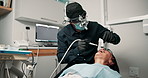 Dentist, patient and cleaning mouth with tools, mask and gloves for inspection, hygiene and healthcare at clinic. Doctor, people and equipment for wellness, service and teeth whitening at hospital