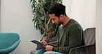 Clinic, man and waiting room with clipboard, insurance checklist and thinking about health results. Medical history, wellness and hospital document for healthcare exam or test with patient info