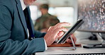 Businessman, hands or tablet with research at military base for safety, launch or monitoring surveillance. Closeup, man or secret agent with technology for secuity app or global protection service