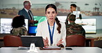 Woman, news or war crimes with reporter for global announcement, broadcast message or alert at military base. Portrait, female person or anchor for government agency, surveillance or terrorist attack