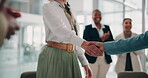 Business, people and shaking hands for welcome in office with finance promotion, partner deal and success. Accounting firm, support or handshake in boardroom for congratulations, pride or celebration