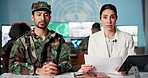 Tv reporter, soldier talk and face of military man with news announcement with war at broadcast control room. Government, global crisis and press release with Palestine update, data and journalist