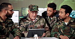 Soldiers, tablet and discussion with people for strategy in control room, decision or planning for security. Man, group and huddle with team at military office with listening, diversity and ideas