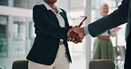 Business, people and shaking hands for success in office with finance promotion, partner deal and welcome. Accounting firm, support or handshake in boardroom for congratulations, pride or celebration