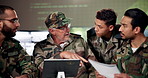 Soldiers, tablet and team with people for strategy in control room, decision or planning for security. Man, group and huddle with paperwork at military office with listening, diversity and discussion