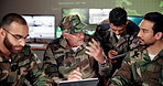 Soldiers, man and meeting in control room with strategy, decision and planning for security with diversity. People, group and huddle with team at military office with listening, discussion or ideas