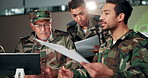 Soldiers, people and documents for planning, strategy and secret info for security with diversity in office. Men, group and teamwork in military with listening, tablet and decision in control room