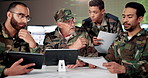 Soldiers, man and documents with discussion in office with strategy, decision and planning for security with diversity. People, group and team at military control room with listening, tablet or ideas