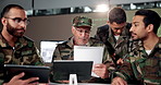 Soldiers, people and documents for meeting in control room, strategy and secret info for security with diversity. Men, group and teamwork in military with listening, tablet and decision in office