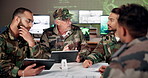 Soldiers, people and documents for talking in control room, strategy and secret info for security with diversity. Men, group and teamwork in military with listening, tablet and decision in office