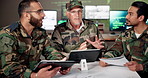 Soldiers, people and tablet for planning with group, decision and strategy with security info with team. Man, talk and huddle in scrum at military office, listen and secret document in control room