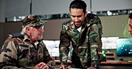 Man, team and military planning in control room, decision and discussion with diversity for security info. People, group and soldiers in huddle with secret paperwork, review and feedback in office