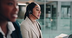 Call center, woman and consultant talking on microphone for lead generation, telecom support and customer service. Telemarketing, agent and headset for CRM advisory, online assistance and telesales