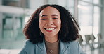 Woman, face and happy in office for business, job opportunity and excited for future in company. Professional, laugh or portrait in workplace for accounting internship, growth or pride in Colombia