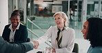 Business, people and applause with handshake for success in office with finance promotion and partner deal. Accounting firm, support and shaking hands in boardroom for congratulations and celebration