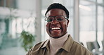 Black man, face and happy for business with glasses, job opportunity and excited for future in company. Professional, laugh or portrait in office for accounting internship, growth or pride in Nigeria