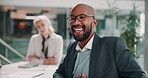 Happy, African man and office with face, confidence or pride in workforce, job opportunity or meeting. Male person, portrait and professional as account manager in business, company or digital agency