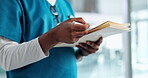 Hands, man and nurse with document in hospital for healthcare report, writing diagnosis and medical history. Person, paperwork and reading information for treatment, exam checklist and patient folder