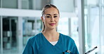 Woman, portrait and nurse with tablet in hospital, proud medical specialist and website for research. Female person, portrait and surgeon to plan treatment on app, medicine and physician for support