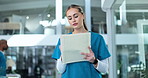 Nurse, woman and writing on document in hospital for healthcare report, diagnosis chart and medical history. Person, paperwork and reading information for treatment, exam checklist and prescription