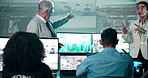 Surveillance, man and woman in control room for meeting, strategy or planning with satellite video on cctv screen. Government, presentation and security team in command center at intelligence agency