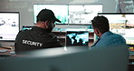 Cyber, surveillance and men with computer, security talk and control room with collaboration and command center. Back, cctv and confidential with secret agency, intelligence and tech with teamwork