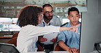 Security, surveillance and people at computer in control room for defence, strategy or satellite video on cctv screen. Government, digital technology and team for cyber intelligence in command center