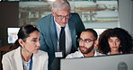 Security, manager and people at computer in control room for planning, defence strategy or satellite video on cctv. Government, digital surveillance and team with cyber intelligence in command center